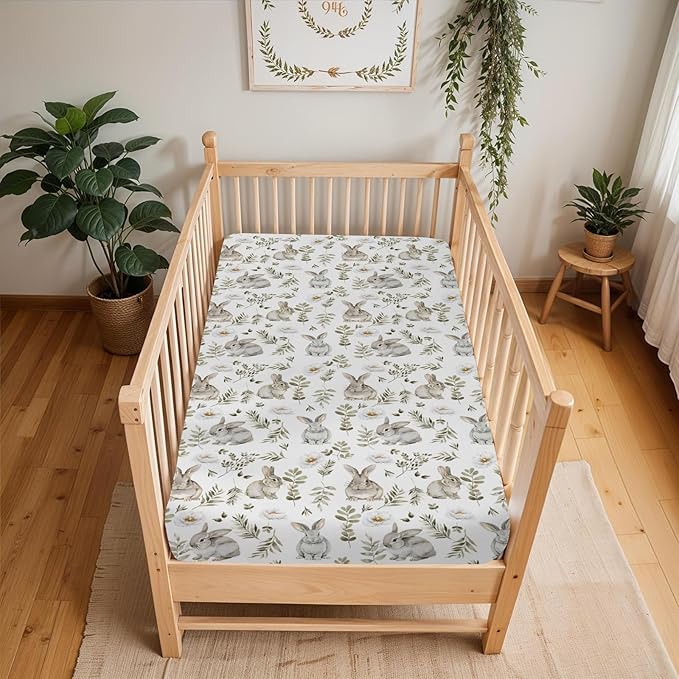 Watercolor Bunny Leaves Baby Crib Sheets for Boy Girl 52"x28" Spring Rabbits Flowers Soft Snug Fitted Crib Mattress Cover Animal Nursery Baby Sheet for Standard Crib & Toddler Bed Mattress