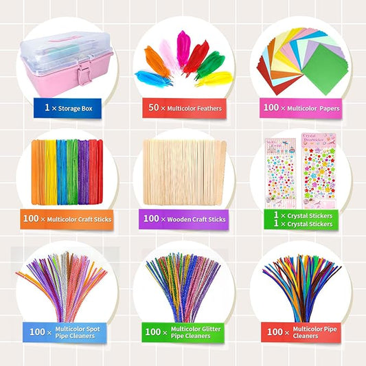 Jumbo Art and Craft Supplies for Boys and Girls, Toddler DIY Craft Art Supply Set Included Pipe Cleaners, Pom Poms, Feather, Folding Storage Box - All in One for Craft DIY Art Supplies (F0-Pink)