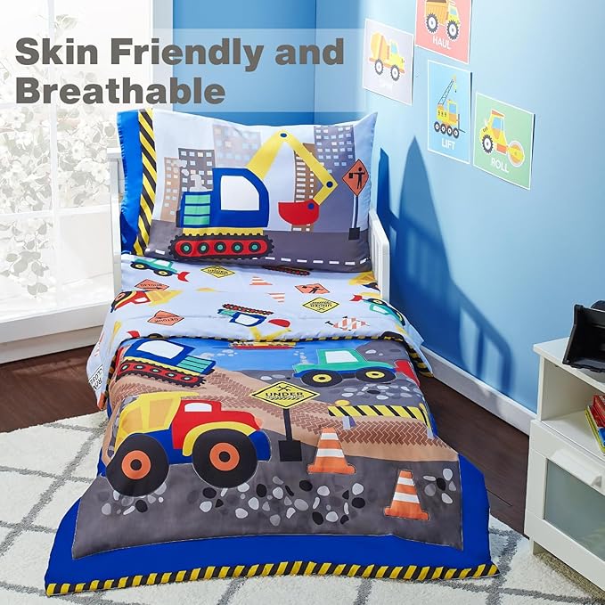 EVERYDAY KIDS 4 Piece Toddler Bedding Set - Under Construction - Includes Comforter, Flat Sheet, Fitted Sheet and Reversible Pillowcase