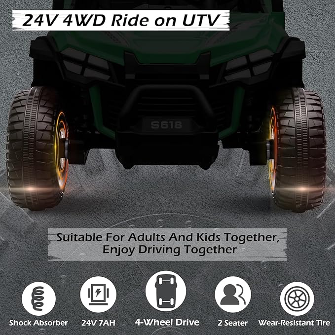 MOLACHI 24V Kids Ride on UTV Car,4WD Battery Powered Electric Vehicle for Kid, 2 Seater Ride On Truck with Remote Control,Safety Belts,3 Speeds,Bluetooth (Green)