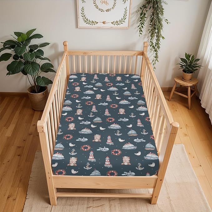 Sailor Bear Watercolor Baby Crib Sheets for Boy Girl 52x28Inch Bear Lighthouse Anchors Boats Soft Snug Fitted Crib Mattress Cover Coastal Nautical Life Baby Sheet for Standard Crib & Toddler Mattress