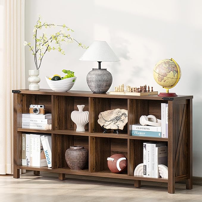 Joaxswe 8 Cube Book Shelf, Farmhouse Wood Long Storage Organizer Bookcase, 62" Horizontal Brown Walnut Console Closet Bookshelf, Hallway TV Stand for Entryway, Display Cabinet Book Case for Office