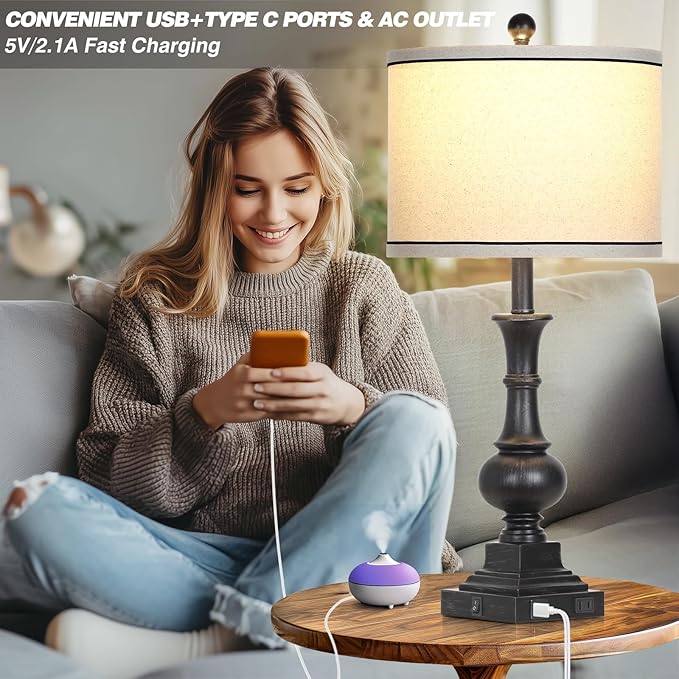luxeflow Farmhouse Table Lamps Set of 2, Vintage Bedside Lamps with USB A+C Charging Ports & AC Outlet, 26" Rustic Nightstand Lamp for Living Room Bedroom End Table Wash Black(2 LED Bulbs Included)