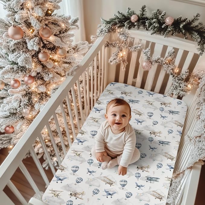 Vintage Planes Airplanes Helicopters Baby Crib Sheets Boy Girl 28"x52" Hot Air Balloon Plane Clouds Sky Soft Stretchy Fitted Crib Mattress Cover Baby Sheet for Standard Crib & Toddler Mattress Pad