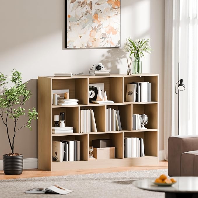 Cozy Castle Oak Bookshelf, 3-Tier Open Shelf Bookcase, 10 Cube Storage Organizer with Anti-Tilt Device, Freestanding Horizontal Bookshelf Cube Shelf for Bedroom, Living Room