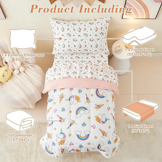 Mooreeke 4 Pieces Toddler Bedding Set - Soft Unicorn Rainbow Toddler Comforter Sets for Girls, Includes Quilted Comforter, Flat Sheet, Fitted Sheet and Pillowcase, Bed in A Bag for Baby Bedroom
