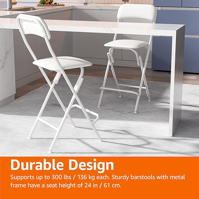 Amazon Basics Folding Stool with footrest, 300lb Capacity, 24" Height, White, Set of 2