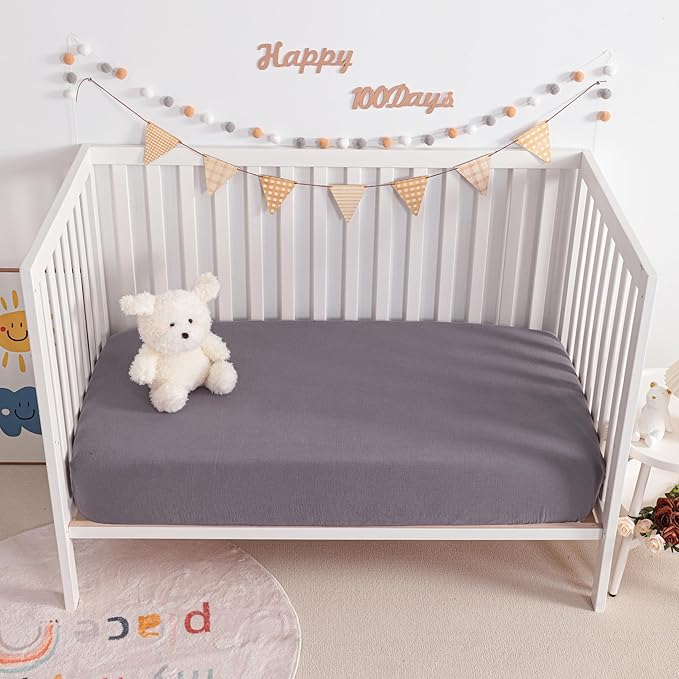 NTBAY 2 Pack Muslin Cotton Crib Sheets, Soft and Breathable Double Layer 28x52 Baby Crib Sheets for Standard Crib and Toddler Mattresses, Boys, Girls, Unisex, Greyish Purple, 28x52 Inches
