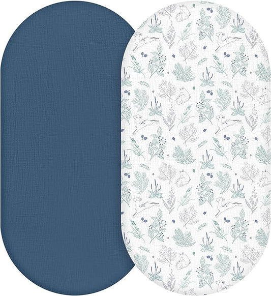 Muslin Bassinet Fitted Sheets, 2 Pack for Baby Boy and Girl, Soft Breathable Baby Pad/Mattress Sheet, Fit for Hourglass Oval and Rectangle Bassinet Mattress (Blue Deer)