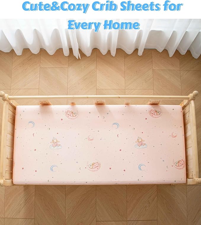 SDY Jersey Crib Sheets for Baby Girls,52”x28”x8,2 Pack,Pink Bunny Easter Day Style Standard Oval/Retangle Crib Mattress Sheets for Toddler,Super Soft Breathable