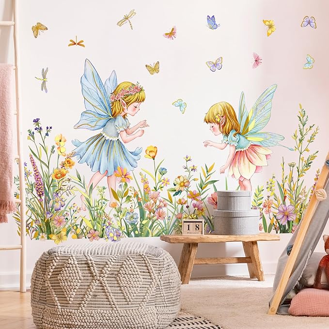 Flower Fairy and Butterfly Wall Decal Large Flower Field and Fairy Wall Stickers Fantasy Theme Peel and Stick Waterproof Decor Suitable for Children's Rooms Bedrooms