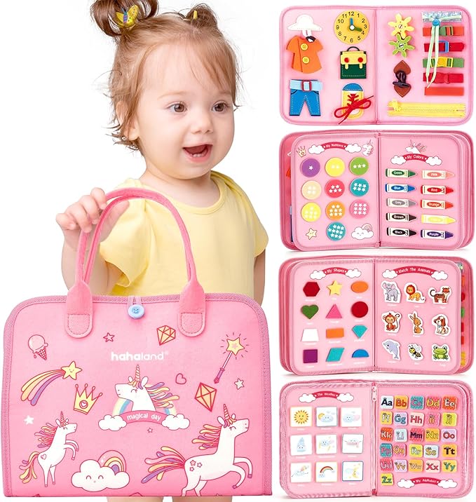 hahaland Toddler Busy Board Montessori Toys for 3 Year Old Girl Gifts, Educational Learning Toys with Life Skills, Alphabet, Number, Shape, Color, Easter Gift Travel Busy Book Sensory Activities Age 3