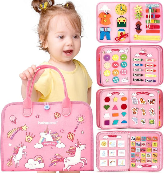 hahaland Toddler Busy Board Montessori Toys for 3 Year Old Girl Gifts, Educational Learning Toys with Life Skills, Alphabet, Number, Shape, Color, Easter Gift Travel Busy Book Sensory Activities Age 3