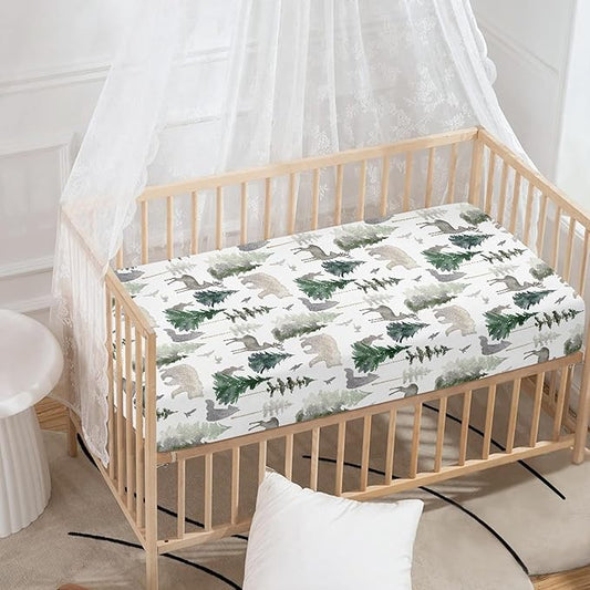 Woodland Forest Animals Fitted Crib Sheet for Boys Girls Watercolor Pine Tree Baby Sheet for Standard Crib and Toddler Rabbit Deer Bear Nursery Bed Mattress Sheets 28"x52"