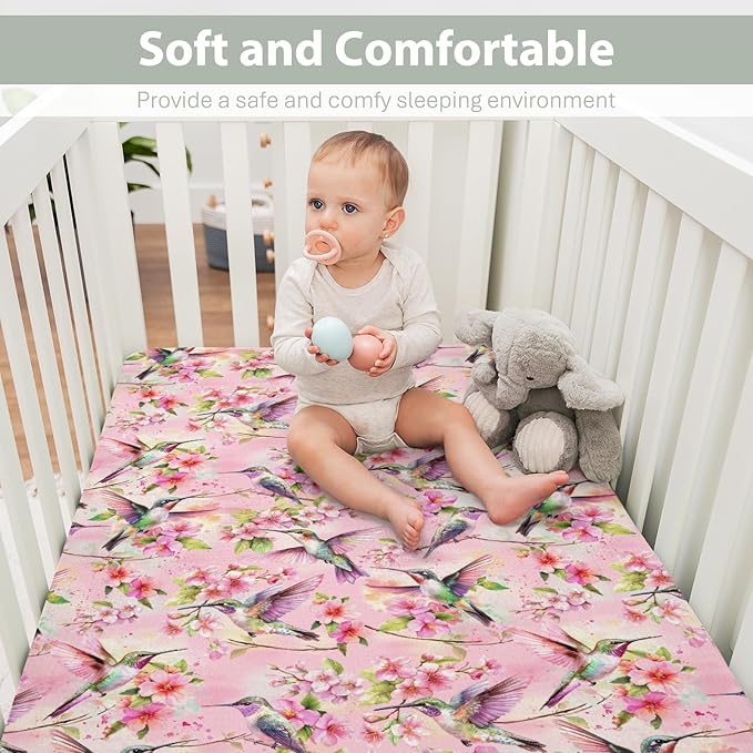 Hummingbird Pink Floral Baby Crib Sheets for Boy Girl 52x28Inch Spring Birds Blossoms Soft Stretchy Fitted Crib Mattress Cover Forest Animals Nursery Baby Sheet for Standard Crib & Toddler Mattress