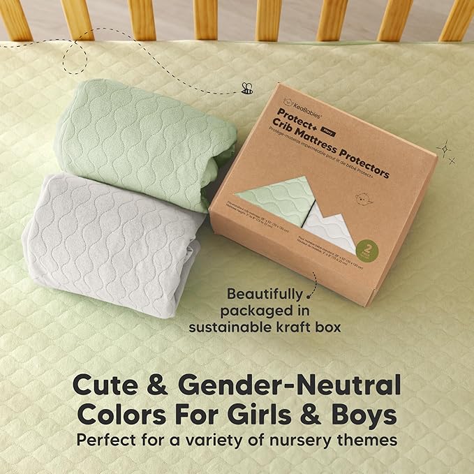 2-Pack Waterproof Crib Mattress Protector Cover Fitted - Quiet Baby Crib Mattress Pad Sheets, 52" x 28" Soft Quilted Cotton Baby Sheet, Machine Washable, Easy Fit, Durablee (Sage/Mavy)