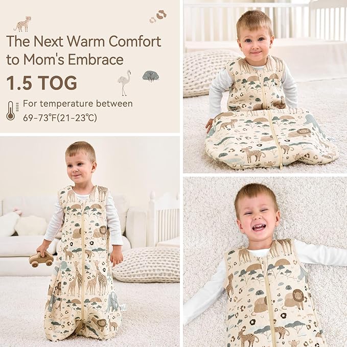 Baby Sleep Sack 0-6 Months 1.5 Tog Baby Wearable Blanket 100% Cotton Fabric Warm Sleeping sack with 2-Way Zipper Quilted for Infant Newborn Tog Apricot Elephant