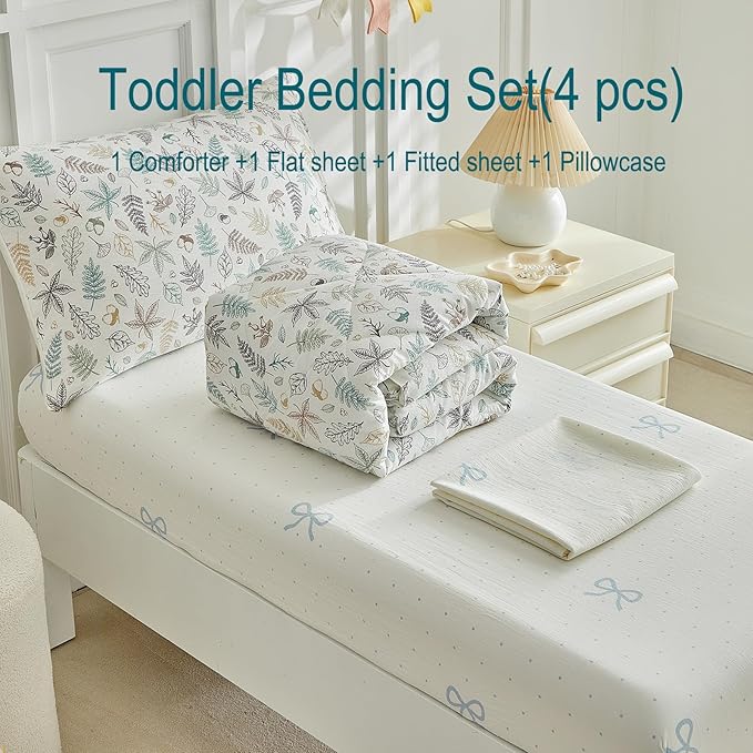 JHXHMX 4 Pieces Toddler Bedding Set for Girls,Leaves Pattern Toddler Comforter Set,Soft Crib Bed Set Including Comforter,Sheets and Pillowcase-Leaf