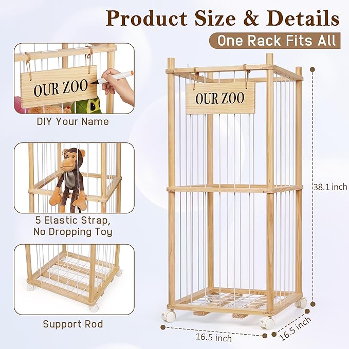 Edudif Stuffed Animal Storage Zoo, Wooden Stuffed Animal Organizer with Removable Wheels & 5-Row Elastic Cords, Space-Saving Plush Toy Storage Holder for Playroom, Bedroom, Nursery