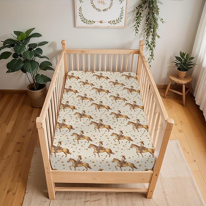 Retro Western Cowgirl Stars Baby Crib Sheets for Boy Girl 52"x28" Vintage Cowgirl Love Soft Stretchy Fitted Crib Mattress Cover Wild Desert Baby Sheet for Standard Crib and Toddler Bed Mattress