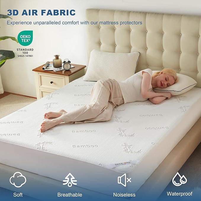 BEDLORE Queen Size Waterproof Mattress Protector Viscose Derived from Bamboo, Soft Mattress Cover Fitted with Deep Pocket 6"-18", Breathable Noiseless Mattress Pad, Machine Washable(White)