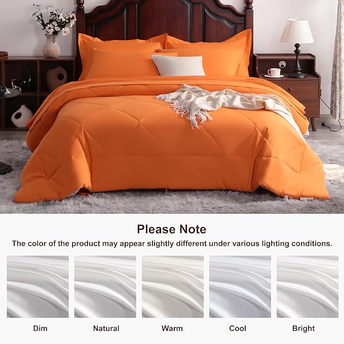 NTBAY Queen Comforter Set with Sheets, 7 Pieces Soft and Breathable Queen Bedding Set, Bed in a Bag, Down Alternative Comforter Set Solid Color All Season, Queen Bedding Set, Orange
