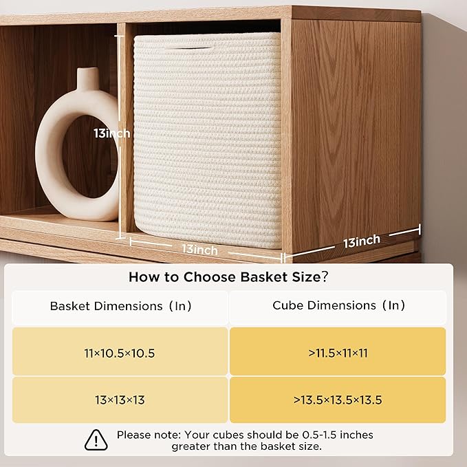 joybest 13x13x13inch Cube Storage Bins Set of 4, Cotton Rope Woven Organizer Basket for Shelves, Cube Bin Square Shelves Organizer Closet Storage, Nursery, Toy Organization, Brown