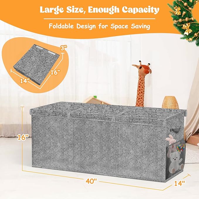 Beadsky Extra Large Toy Box, Toys Chest for Toddlers with Lids, Collapsible Toy Storage Organizer, Kids Bin Boxes Storage Basket for Boys, Girls, Nursery, Living Room, Playroom, 40"x14"x16", Gray