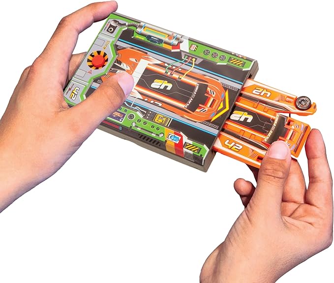 FLAT 2 FAST Original Stunt Card Racer – Flat Car Racer and Pocket Size Racecar Launcher with Built-in Button for Stunt Launching and Racing – Compact – Lava Orange