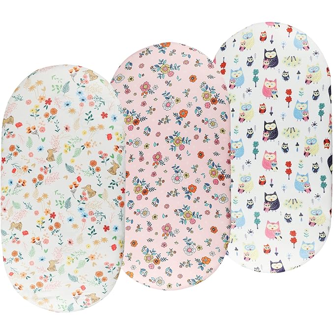 Onacosht Bassinet Sheets Set 3 Pack for Baby Girl, Stretchy Soft Jersey Knitted Fitted Sheet Universal for Oval Rectangle and Hourglass Bassinet Mattress, Flower, Rabbit and Owl Printing