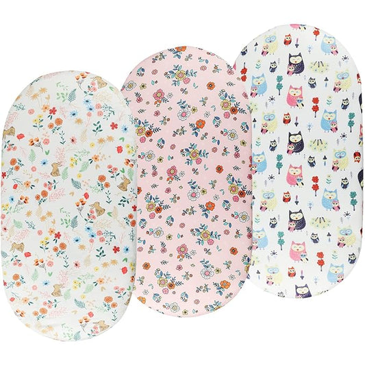 Onacosht Bassinet Sheets Set 3 Pack for Baby Girl, Stretchy Soft Jersey Knitted Fitted Sheet Universal for Oval Rectangle and Hourglass Bassinet Mattress, Flower, Rabbit and Owl Printing