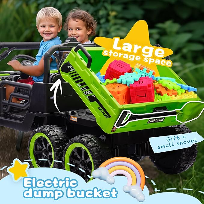 24V 2 Seater 4WD 6x6 Ride On Dump Truck with Remote Control, Ride on Toys for Big Kids with 20inch Seat, 3 Speeds, 4X100 Motors, Music, Ride on Truck for Toddler Boys Girls, Green