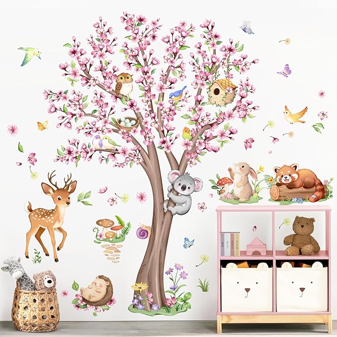 Cherry Blossom Tree Animals Wall Decals Pink Flower Tree Wall Stickers Peel and Stick Deer Squirrel Small Animals Decor for Girls Bedroom Living Room Nursery Playroom Classroom Decor