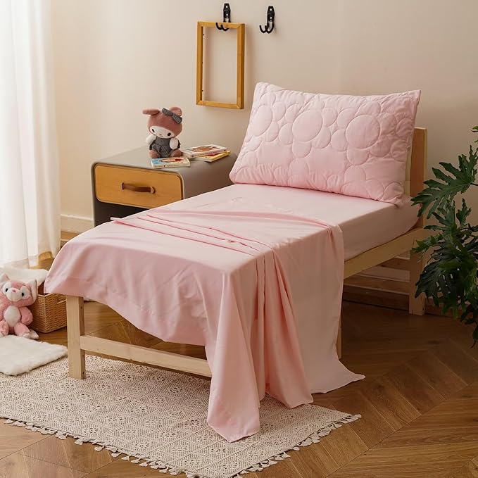 CLOTHKNOW 4 Pieces Pink Toddler Bedding Sets for Grils, Daisy Puff Pattern, Soft Crib Bed Set Including Comforter, Flat Sheet, Fitted Sheet and Pillowcase