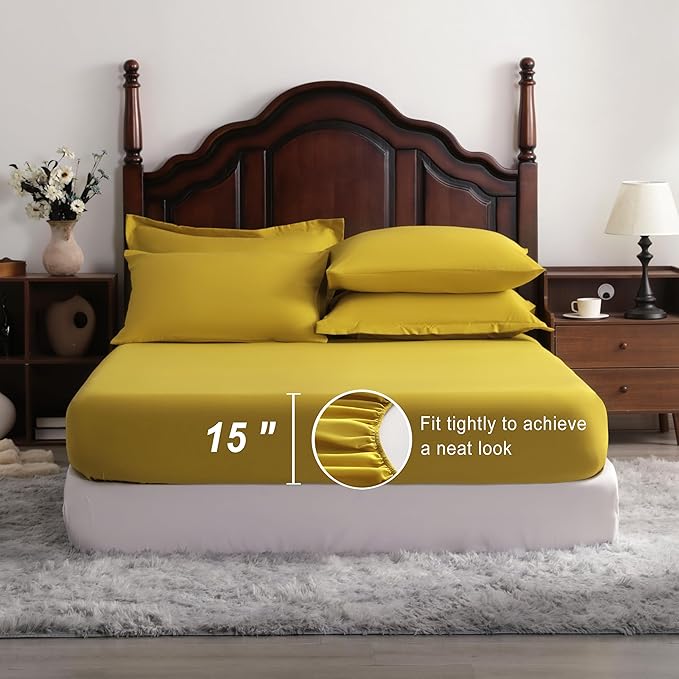 NTBAY Queen Comforter Set with Sheets, 7 Pieces Soft and Breathable Queen Bedding Set, Bed in a Bag, Down Alternative Comforter Set Solid Color All Season, Queen Bedding Set, Yellow