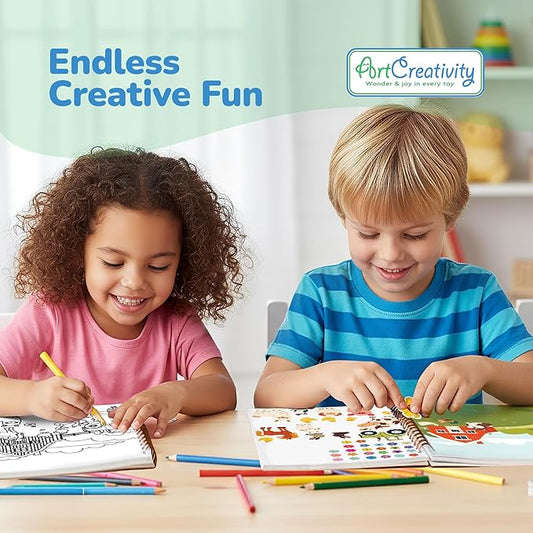 ArtCreativity Sticker Activity Book for Kids and Adults - 600+ Creative Stickers, 12 Unique Scenes & Coloring Book Pages - Toddler Road Airplane Travel Essentials - Fun Craft Gift for Boys and Girls