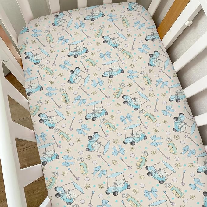 Girly Golf Stripes Bows Floral Baby Crib Sheets for Girls Pastel Blue Golfing Soft Snug Fitted Crib Mattress Covers for 52''x28'' Standard Crib & Toddler Mattress Preppy Girl Sports Nursery Bed Sheets
