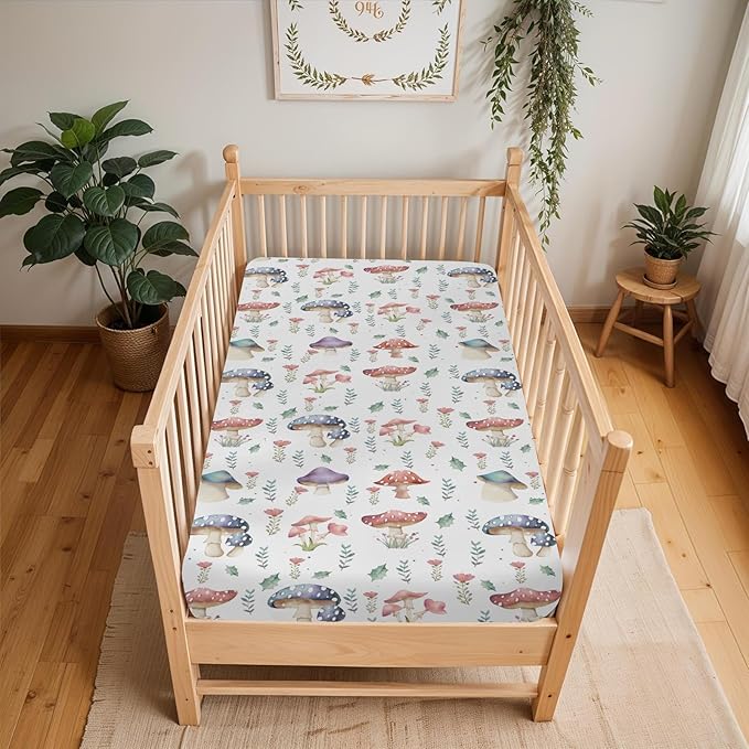 Fairytale Mushroom Baby Crib Sheets for Boy Girl 52x28Inch Colorful Mushrooms Floral Leaves Soft Snug Fitted Crib Mattress Cover Magical Plant Baby Sheet for Standard Crib & Toddler Bed Mattress
