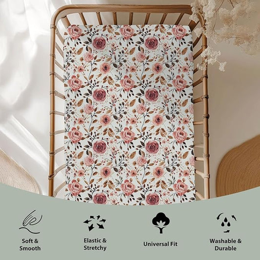 Vintage Wild Flowers Baby Crib Sheets for Boy Girl 52"x28" Retro Plant Soft Stretchy Fitted Crib Mattress Cover Spring Summer Baby Sheet for Standard Crib & Toddler Mattress Pad