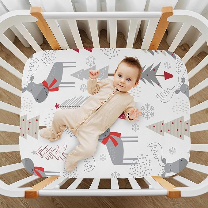 Christmas Trees Moose Crib Sheets Soft Breathable Fitted Baby Crib Sheets Mattress Cover for Girl Boys, 52" x 28" x 9"
