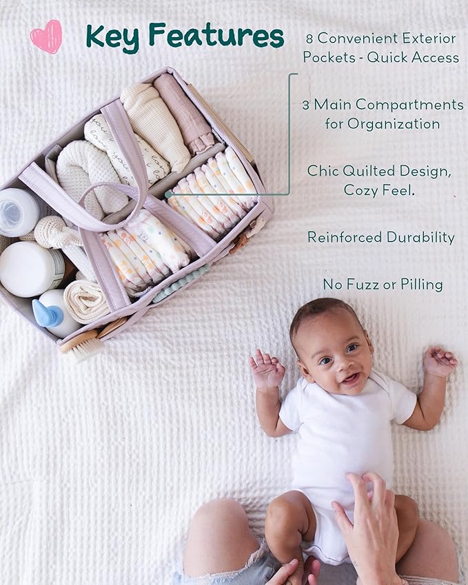 Lily Miles Baby Diaper Caddy Organizer, Quilted Nursery Storage Organizer for Newborn Essentials and Diaper Changing Station, Gift for Baby Shower and Registry Must-Have (Rosy Lilac)