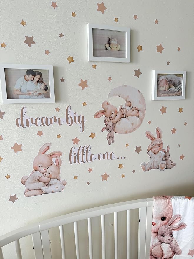 Nursery Wall Stickers, Baby Girl Room Decor, Bunny Wall Decal, Boho Toddler Decor, Beige Peel and Stick Animal Decals for Nursery or Girls Bedroom.
