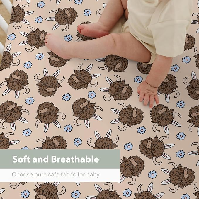Highland Cow Easter Bunny Ears Baby Crib Sheets for Boy Girl 52x28Inch Western Cows Easter Bunnies Soft Stretchy Fitted Crib Mattress Cover Cow Lover Baby Sheet for Standard Crib and Toddler Mattress