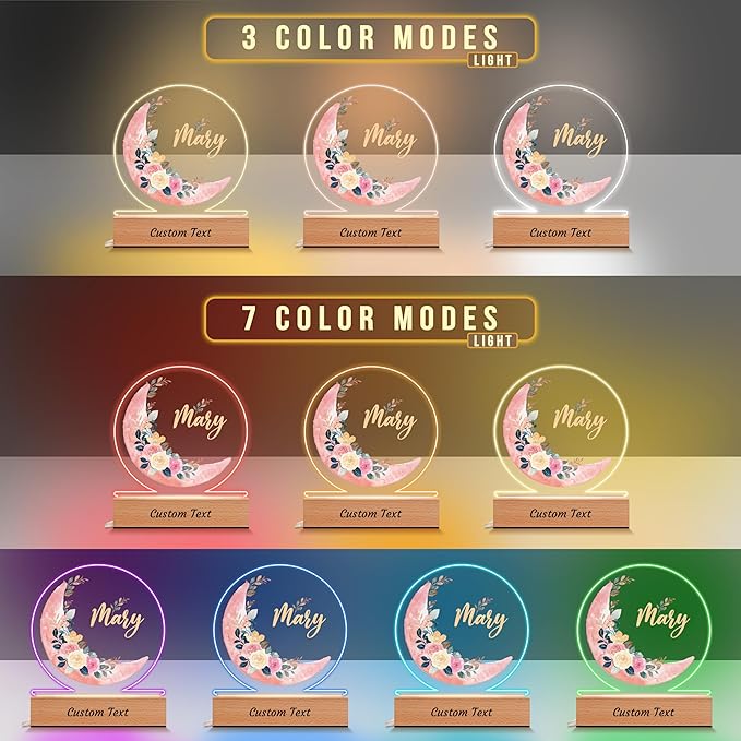 IOUMAM Personalized Baby Gifts for Kids, Custom Moon Flower Acrylic Plaque Name Night Light for Toddler, Unique Birthday Newborn Baby Shower Gifts for Boys Girls Nursery Bedroom Room Decor