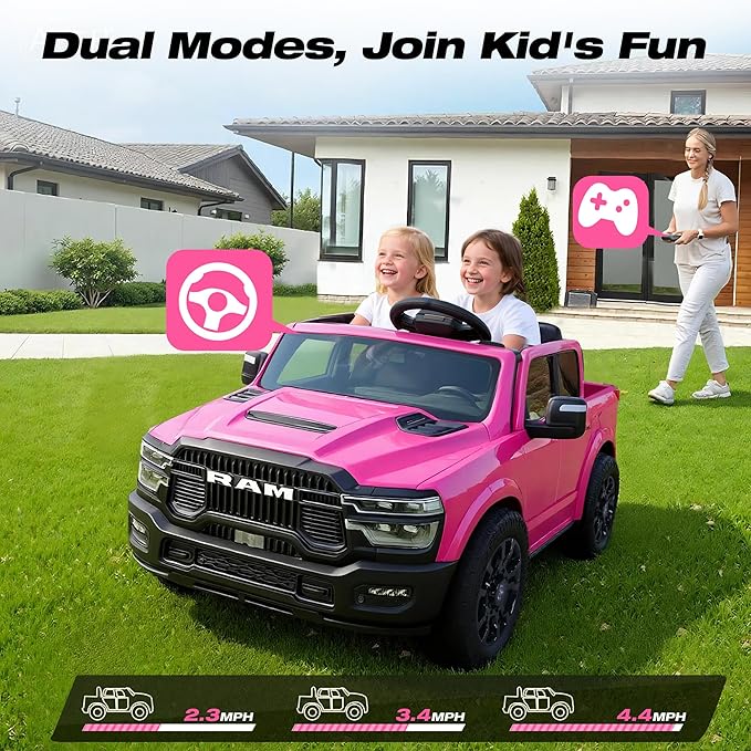 FUNTOK 24V 2 Seater Ride On Truck for Big Kids, Licensed RAM 2500 Kid's Electric Vehicles w/Remote Control, LED Light/Music/MP3/Bluetooth, Truck Bed Storage, Carry Wheels & Handle, Car for Kids 3-8