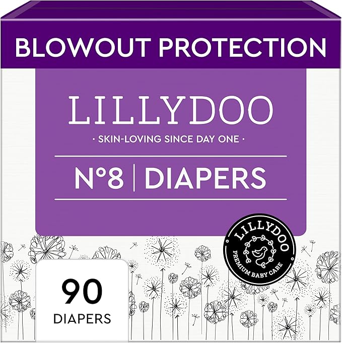 LILLYDOO Baby Diapers - Size 8 (37+ lbs), Monthly Supply (90 Count), Leak Protection, Skin-Friendly, Ultrasoft, Perfume- & Chlorine-Free, Hypoallergenic, Dermatologist Tested, Oeko-TEX®