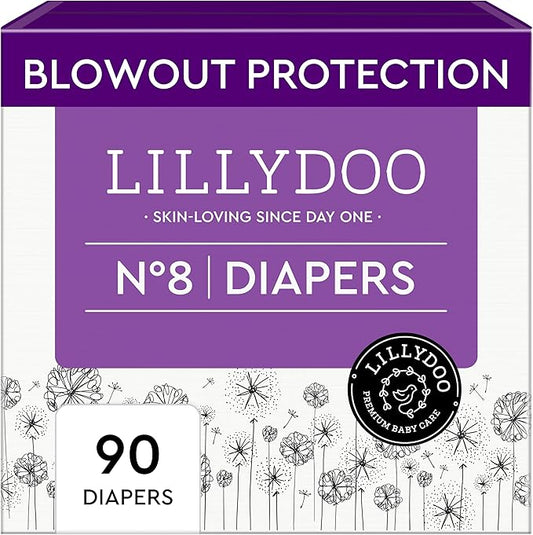 LILLYDOO Baby Diapers - Size 8 (37+ lbs), Monthly Supply (90 Count), Leak Protection, Skin-Friendly, Ultrasoft, Perfume- & Chlorine-Free, Hypoallergenic, Dermatologist Tested, Oeko-TEX®