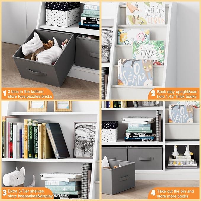 HedoAjim White Kids Bookshelf Wood Montessori Toy Storage Organizer Cabinet Shelf Child Bookcase Toddler Baby Sling Book Rack 3 Cube Bin Fabric Drawers for Playroom Bedroom Nursery School