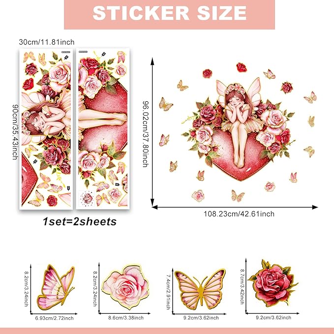 Fairy and Rose Wall Stickers Dreamy Theme Beautiful Girl with Roses and Butterflies Decals Peel and Stick Waterproof Decor for Kids Room Bedroom Living Room(Fairy)
