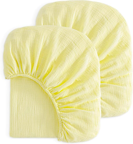 NTBAY 2 Pack Muslin Cotton Mini Crib Sheets, Soft and Breathable Double Layer 24x38 Baby Crib Sheets for Mini Crib and Toddler Mattresses, Boys, Girls, Unisex, Light Yellow, 24x38 Inches